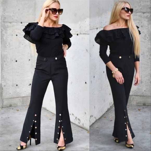 BLACK BUTTON DETAIL PANTS TROUSERS - Picture 1 of 4